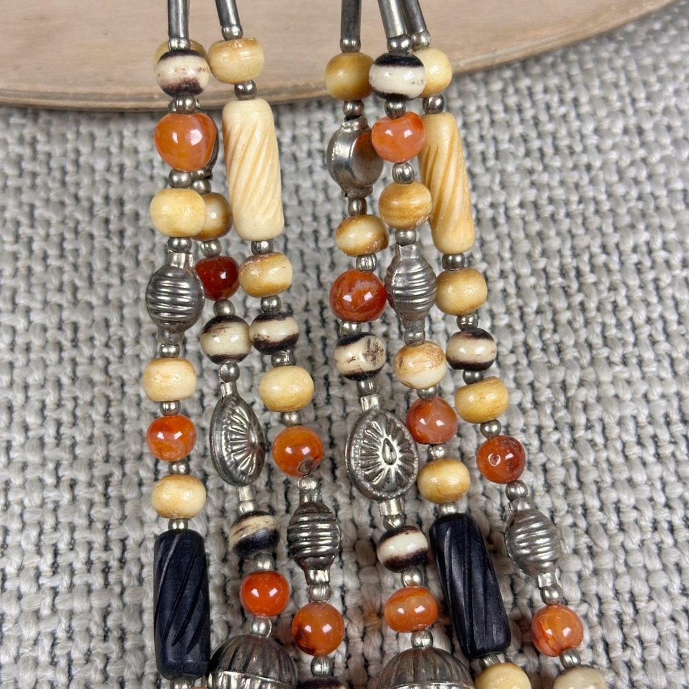 Vintage 70s Earthy Multi Strand Necklace Carnelian Agate Bone Silver Metal Beads - Picture 6 of 12